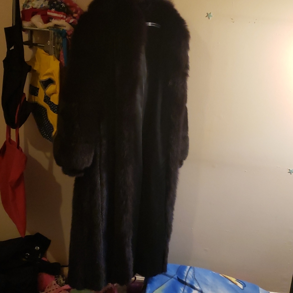 Fox fur coat with shaved mink hood wit fox trim